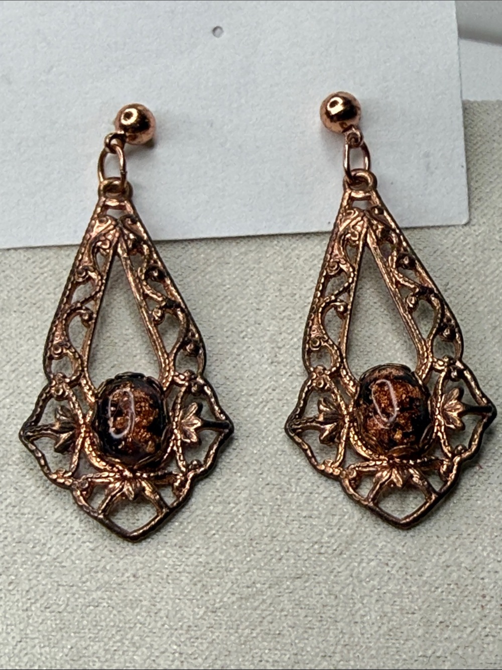 Vintage Rose Gold tone Filigree Drop Earrings with gold dust acrylic cabachon